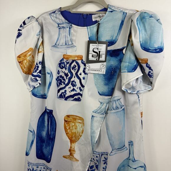 Sassy Jones New Zena Layered Cape Jumpsuit Small Blue Vase Print Puff Sleeve - Picture 8 of 16